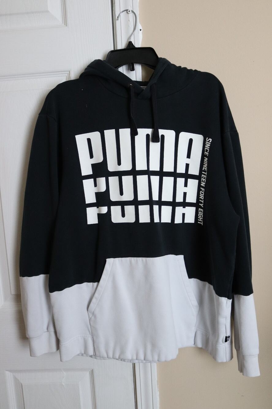 PUMA Graphic Pullover Hoodie - Black/White Colorblock - Men’s Size L